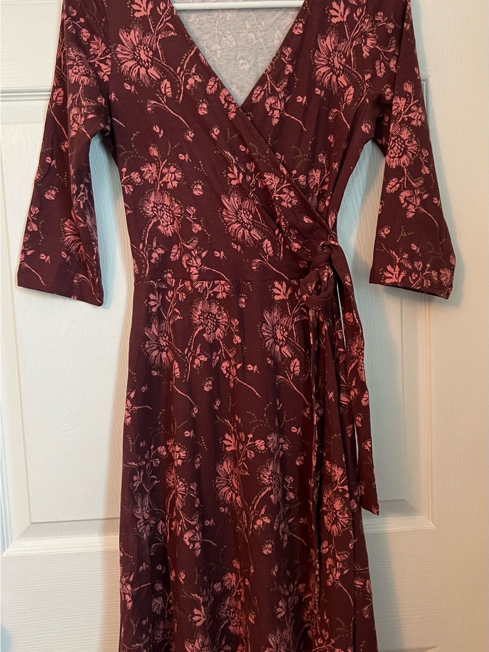 Synergy Organic Clothing Burgundy with Pink Floral Wrap Midi Dress